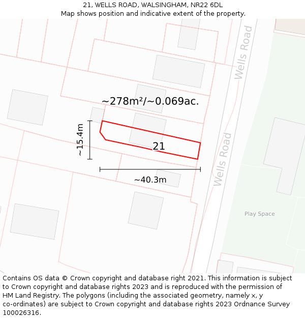 21, WELLS ROAD, WALSINGHAM, NR22 6DL: Plot and title map
