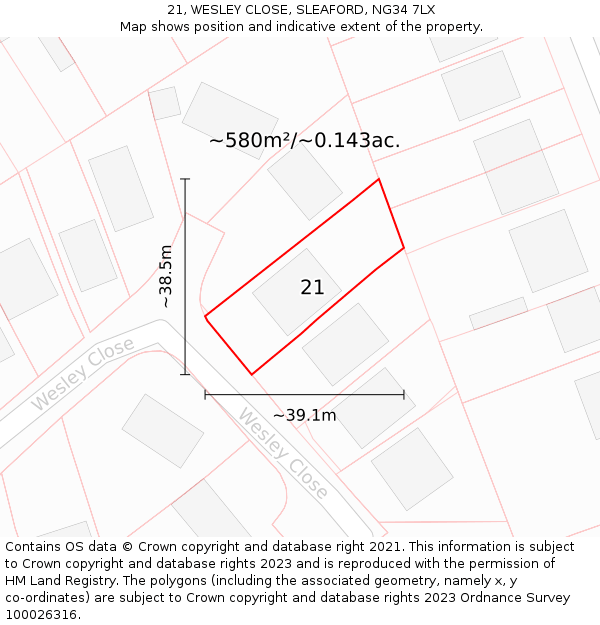 21, WESLEY CLOSE, SLEAFORD, NG34 7LX: Plot and title map