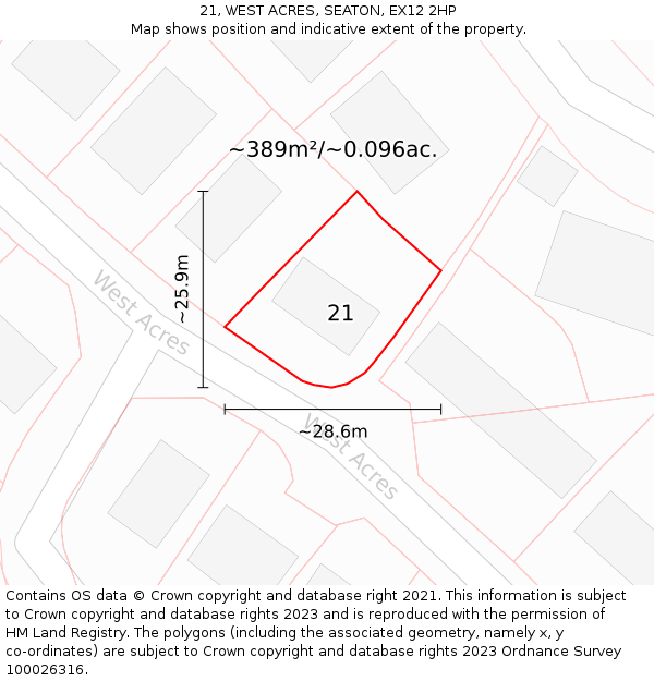 21, WEST ACRES, SEATON, EX12 2HP: Plot and title map