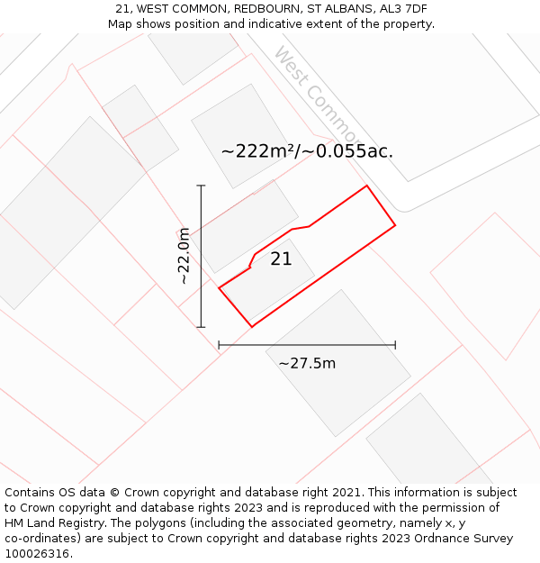 21, WEST COMMON, REDBOURN, ST ALBANS, AL3 7DF: Plot and title map
