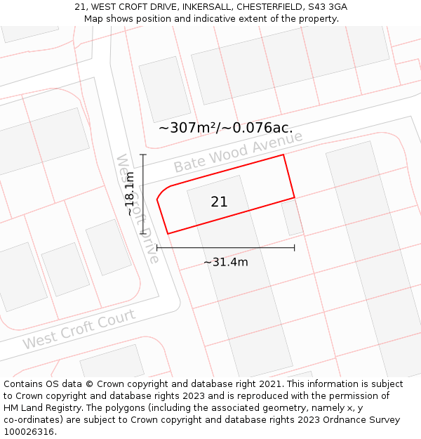 21, WEST CROFT DRIVE, INKERSALL, CHESTERFIELD, S43 3GA: Plot and title map