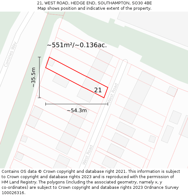21, WEST ROAD, HEDGE END, SOUTHAMPTON, SO30 4BE: Plot and title map