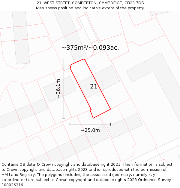 21, WEST STREET, COMBERTON, CAMBRIDGE, CB23 7DS: Plot and title map