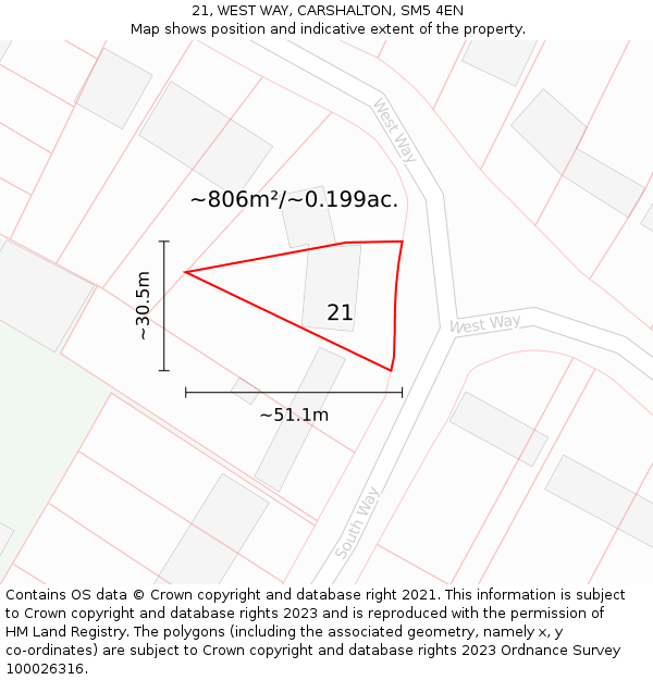 21, WEST WAY, CARSHALTON, SM5 4EN: Plot and title map