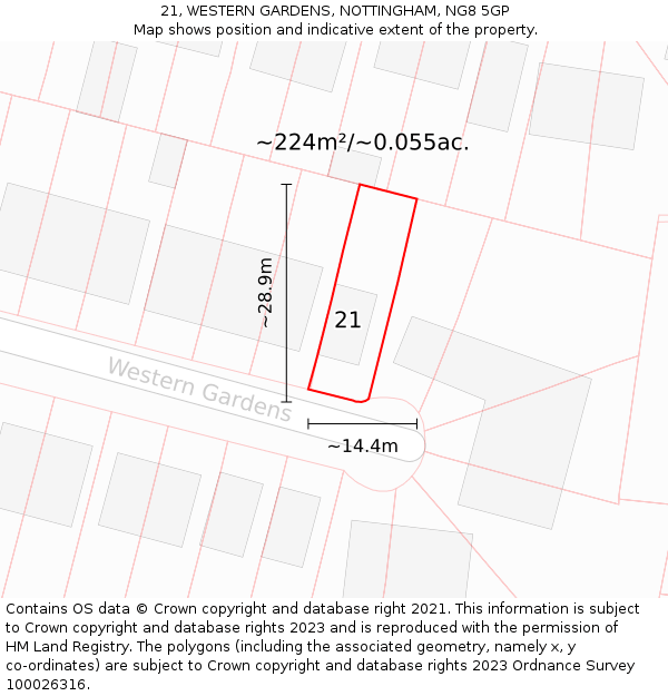 21, WESTERN GARDENS, NOTTINGHAM, NG8 5GP: Plot and title map