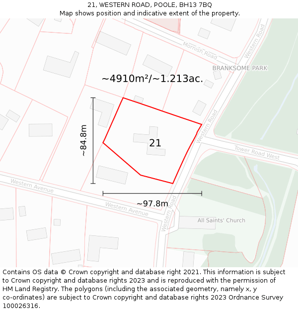 21, WESTERN ROAD, POOLE, BH13 7BQ: Plot and title map