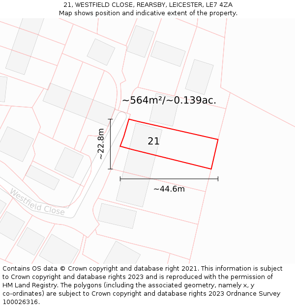 21, WESTFIELD CLOSE, REARSBY, LEICESTER, LE7 4ZA: Plot and title map