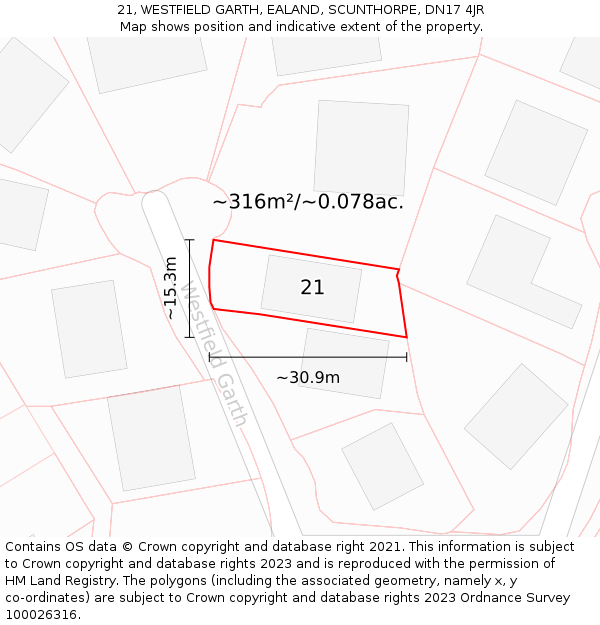 21, WESTFIELD GARTH, EALAND, SCUNTHORPE, DN17 4JR: Plot and title map