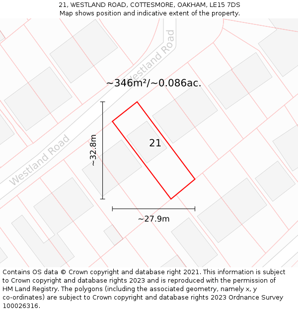 21, WESTLAND ROAD, COTTESMORE, OAKHAM, LE15 7DS: Plot and title map