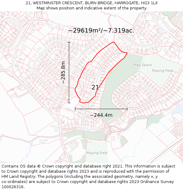 21, WESTMINSTER CRESCENT, BURN BRIDGE, HARROGATE, HG3 1LX: Plot and title map