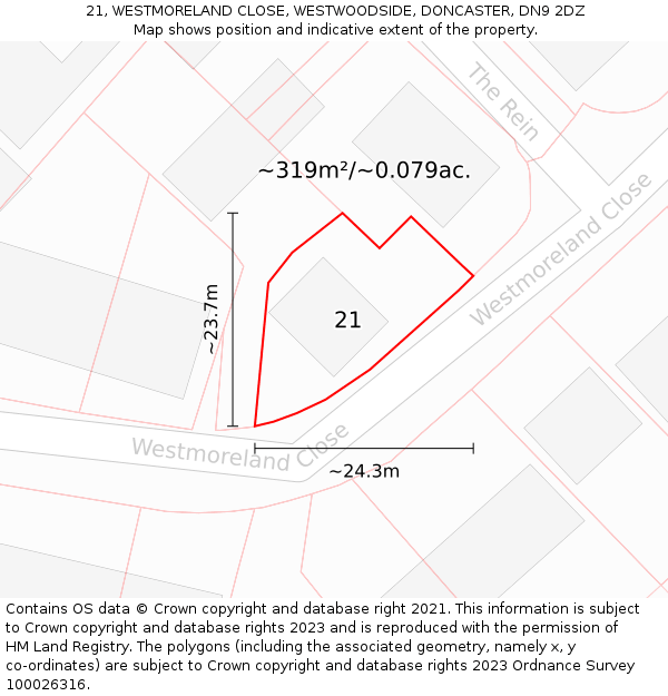 21, WESTMORELAND CLOSE, WESTWOODSIDE, DONCASTER, DN9 2DZ: Plot and title map