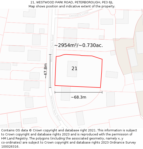 21, WESTWOOD PARK ROAD, PETERBOROUGH, PE3 6JL: Plot and title map