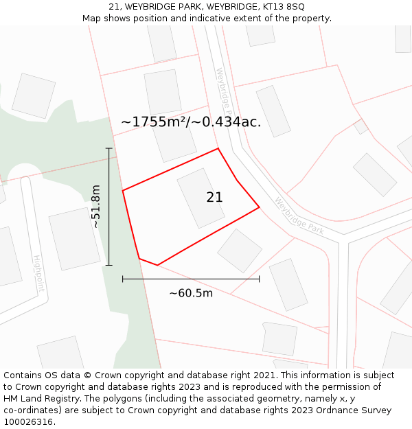 21, WEYBRIDGE PARK, WEYBRIDGE, KT13 8SQ: Plot and title map