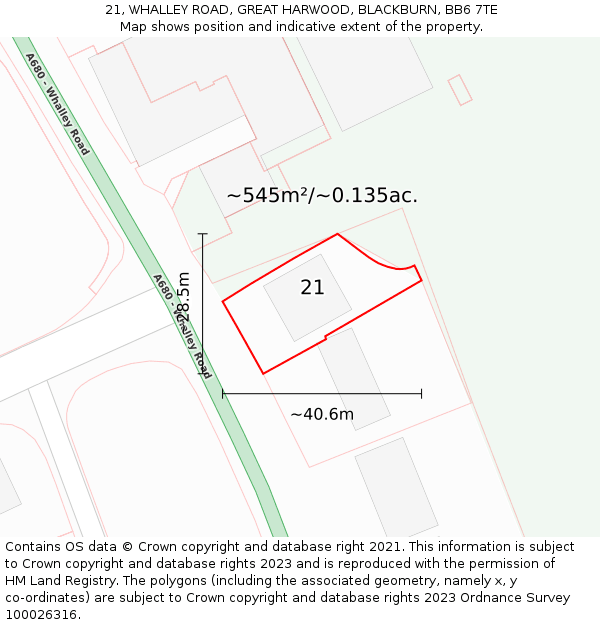 21, WHALLEY ROAD, GREAT HARWOOD, BLACKBURN, BB6 7TE: Plot and title map