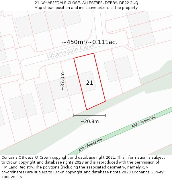 21, WHARFEDALE CLOSE, ALLESTREE, DERBY, DE22 2UQ: Plot and title map