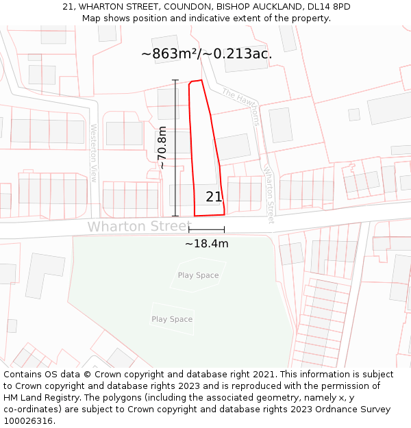 21, WHARTON STREET, COUNDON, BISHOP AUCKLAND, DL14 8PD: Plot and title map