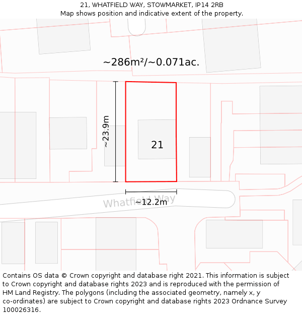 21, WHATFIELD WAY, STOWMARKET, IP14 2RB: Plot and title map