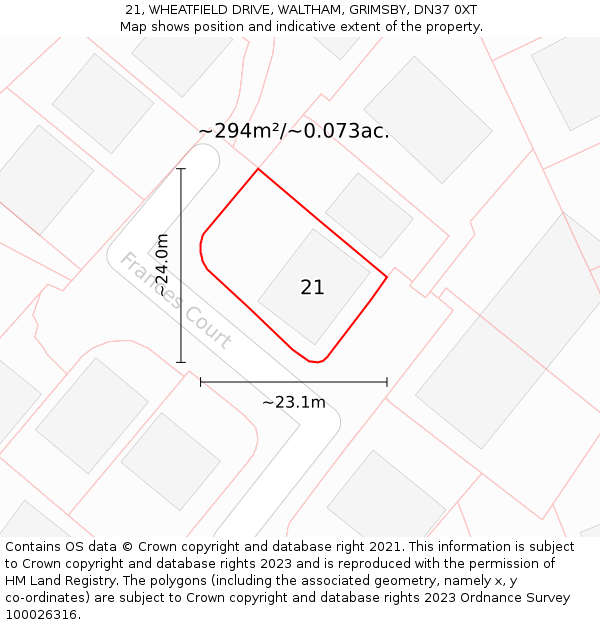 21, WHEATFIELD DRIVE, WALTHAM, GRIMSBY, DN37 0XT: Plot and title map