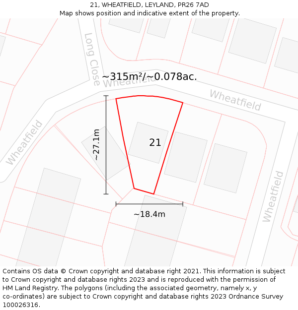 21, WHEATFIELD, LEYLAND, PR26 7AD: Plot and title map
