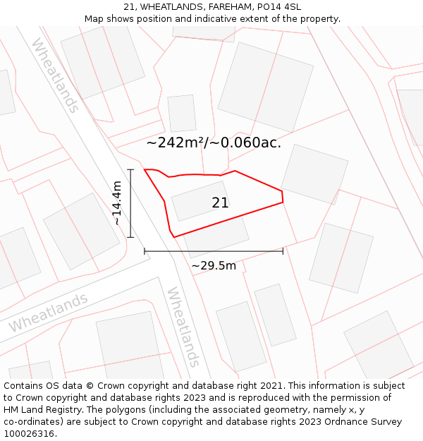 21, WHEATLANDS, FAREHAM, PO14 4SL: Plot and title map