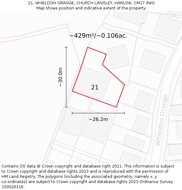 21, WHIELDON GRANGE, CHURCH LANGLEY, HARLOW, CM17 9WG: Plot and title map