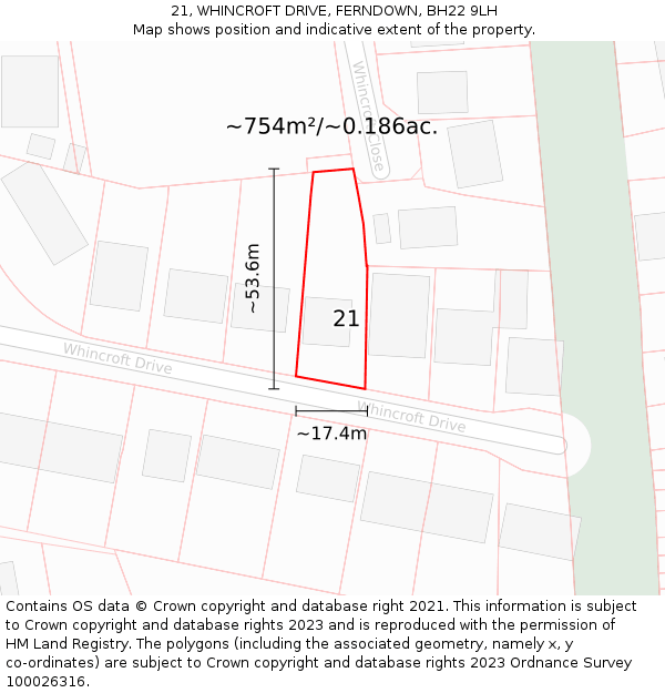 21, WHINCROFT DRIVE, FERNDOWN, BH22 9LH: Plot and title map