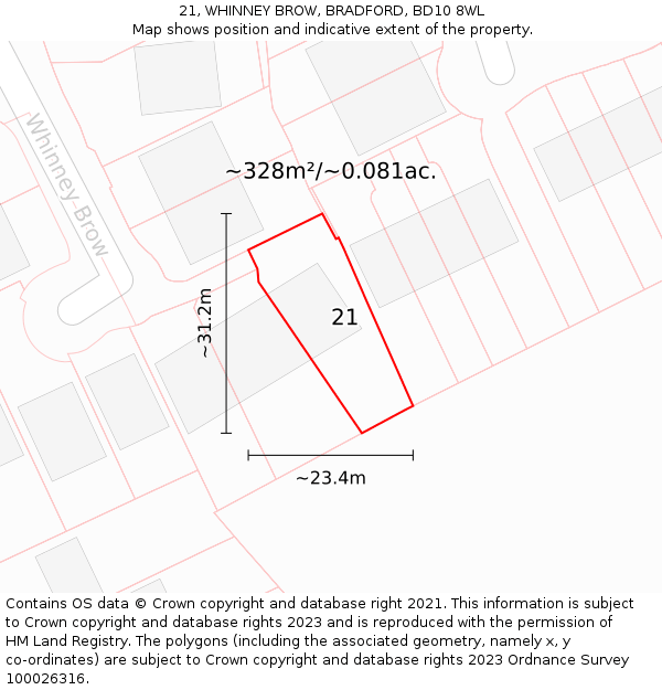 21, WHINNEY BROW, BRADFORD, BD10 8WL: Plot and title map