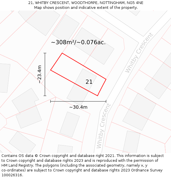 21, WHITBY CRESCENT, WOODTHORPE, NOTTINGHAM, NG5 4NE: Plot and title map
