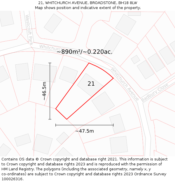 21, WHITCHURCH AVENUE, BROADSTONE, BH18 8LW: Plot and title map