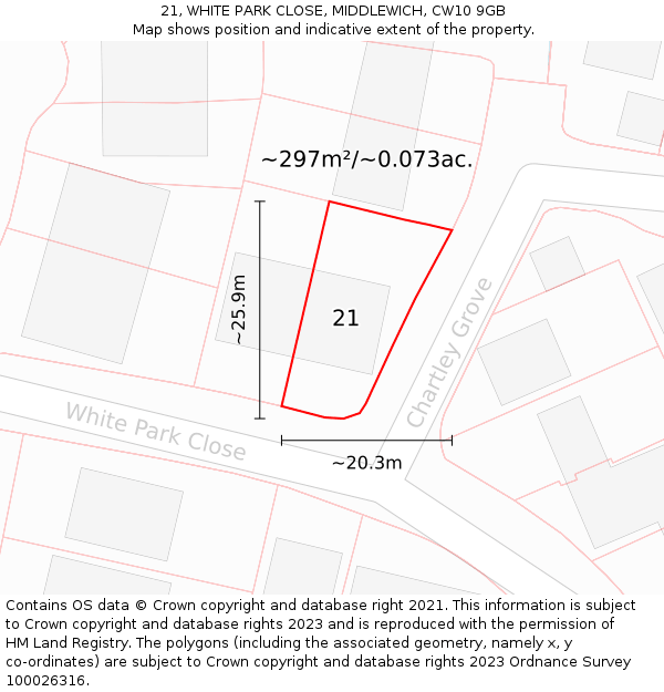 21, WHITE PARK CLOSE, MIDDLEWICH, CW10 9GB: Plot and title map