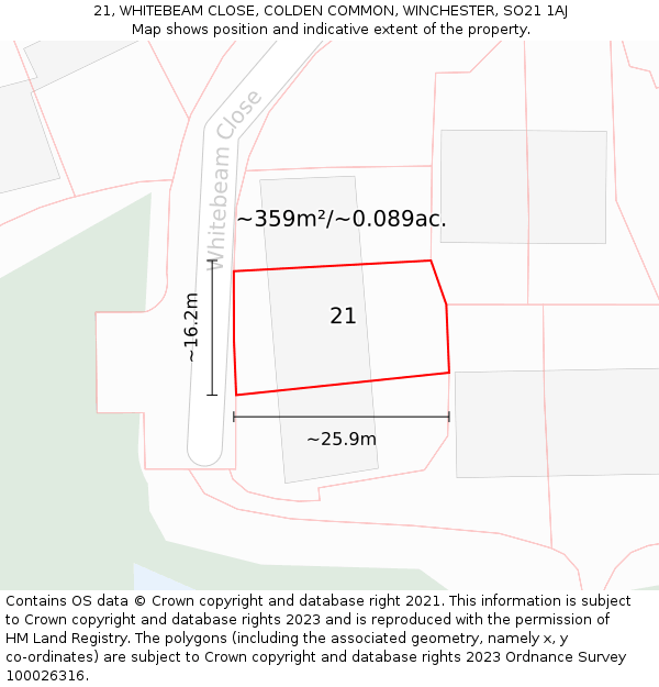 21, WHITEBEAM CLOSE, COLDEN COMMON, WINCHESTER, SO21 1AJ: Plot and title map