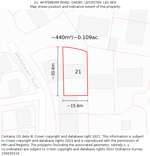 21, WHITEBEAM ROAD, OADBY, LEICESTER, LE2 4EA: Plot and title map