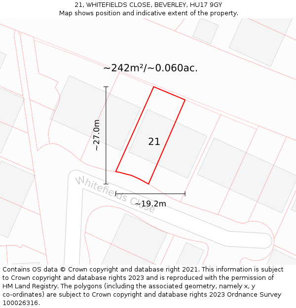 21, WHITEFIELDS CLOSE, BEVERLEY, HU17 9GY: Plot and title map
