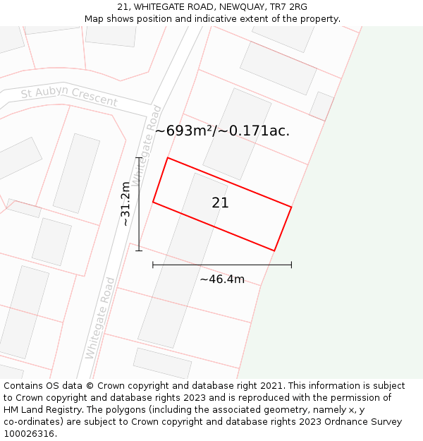 21, WHITEGATE ROAD, NEWQUAY, TR7 2RG: Plot and title map