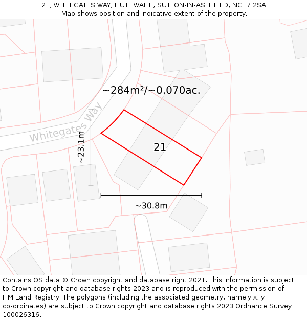 21, WHITEGATES WAY, HUTHWAITE, SUTTON-IN-ASHFIELD, NG17 2SA: Plot and title map