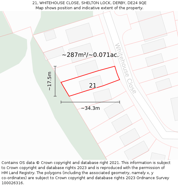 21, WHITEHOUSE CLOSE, SHELTON LOCK, DERBY, DE24 9QE: Plot and title map