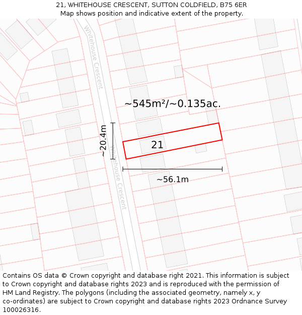 21, WHITEHOUSE CRESCENT, SUTTON COLDFIELD, B75 6ER: Plot and title map
