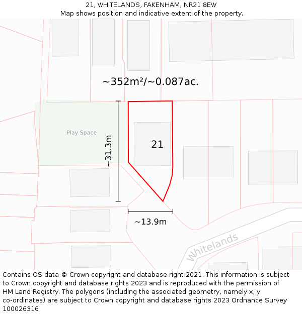 21, WHITELANDS, FAKENHAM, NR21 8EW: Plot and title map