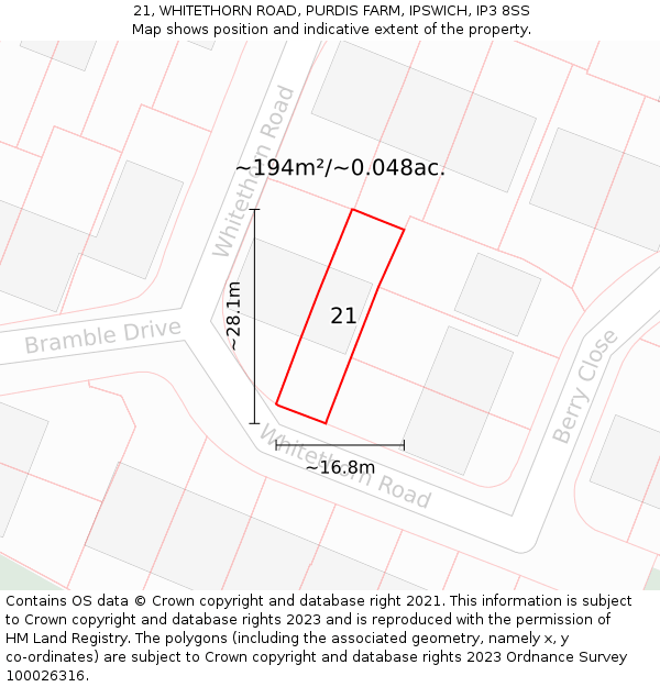 21, WHITETHORN ROAD, PURDIS FARM, IPSWICH, IP3 8SS: Plot and title map