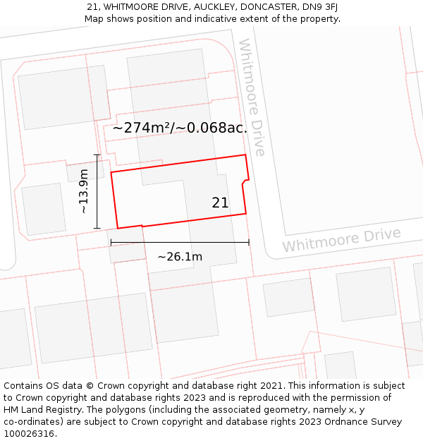 21, WHITMOORE DRIVE, AUCKLEY, DONCASTER, DN9 3FJ: Plot and title map