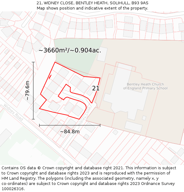 21, WIDNEY CLOSE, BENTLEY HEATH, SOLIHULL, B93 9AS: Plot and title map