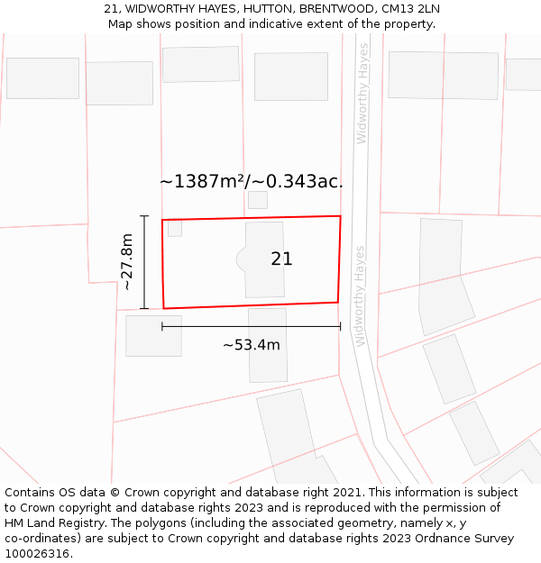 21, WIDWORTHY HAYES, HUTTON, BRENTWOOD, CM13 2LN: Plot and title map