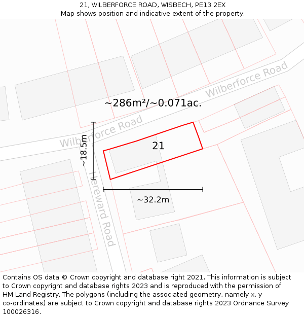 21, WILBERFORCE ROAD, WISBECH, PE13 2EX: Plot and title map