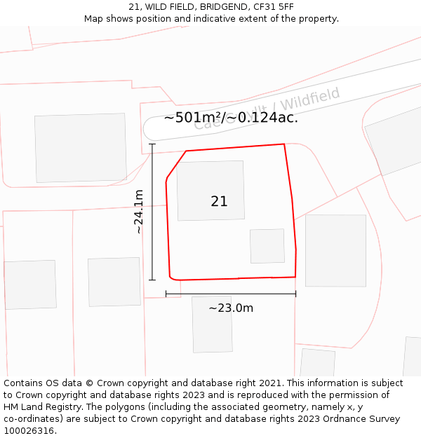 21, WILD FIELD, BRIDGEND, CF31 5FF: Plot and title map