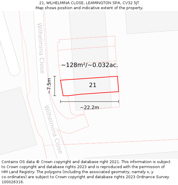 21, WILHELMINA CLOSE, LEAMINGTON SPA, CV32 5JT: Plot and title map
