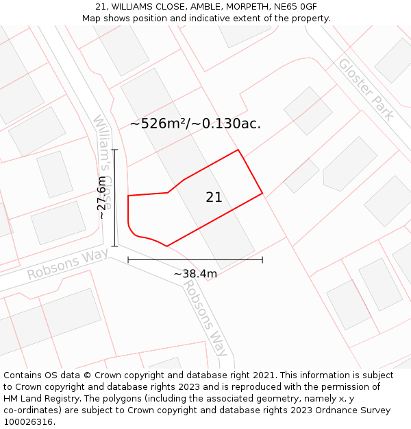 21, WILLIAMS CLOSE, AMBLE, MORPETH, NE65 0GF: Plot and title map