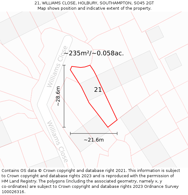 21, WILLIAMS CLOSE, HOLBURY, SOUTHAMPTON, SO45 2GT: Plot and title map