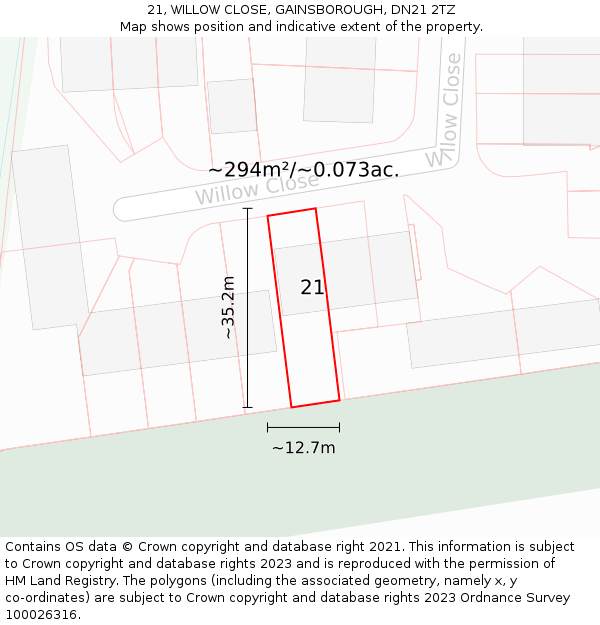 21, WILLOW CLOSE, GAINSBOROUGH, DN21 2TZ: Plot and title map