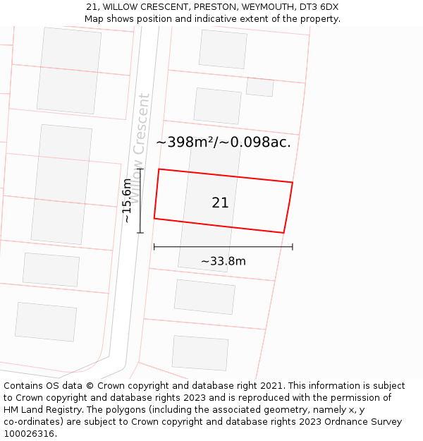 21, WILLOW CRESCENT, PRESTON, WEYMOUTH, DT3 6DX: Plot and title map