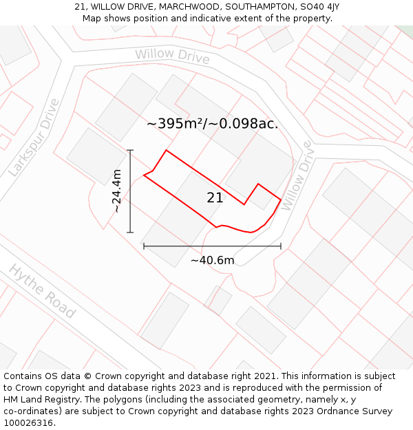 21, WILLOW DRIVE, MARCHWOOD, SOUTHAMPTON, SO40 4JY: Plot and title map